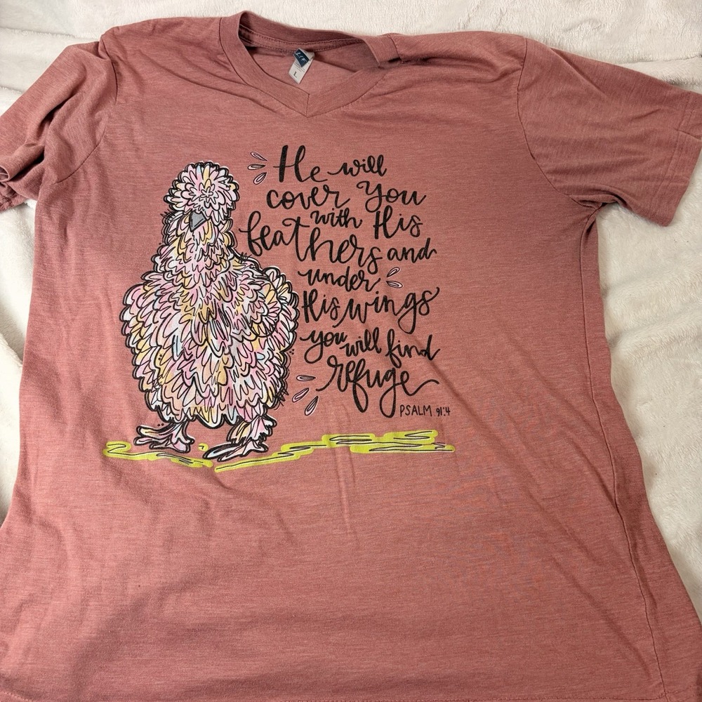 Christian LIF Apparel Pink V-Neck Graphic Tee Feathered Chicken Psalm 91:4 L EUC